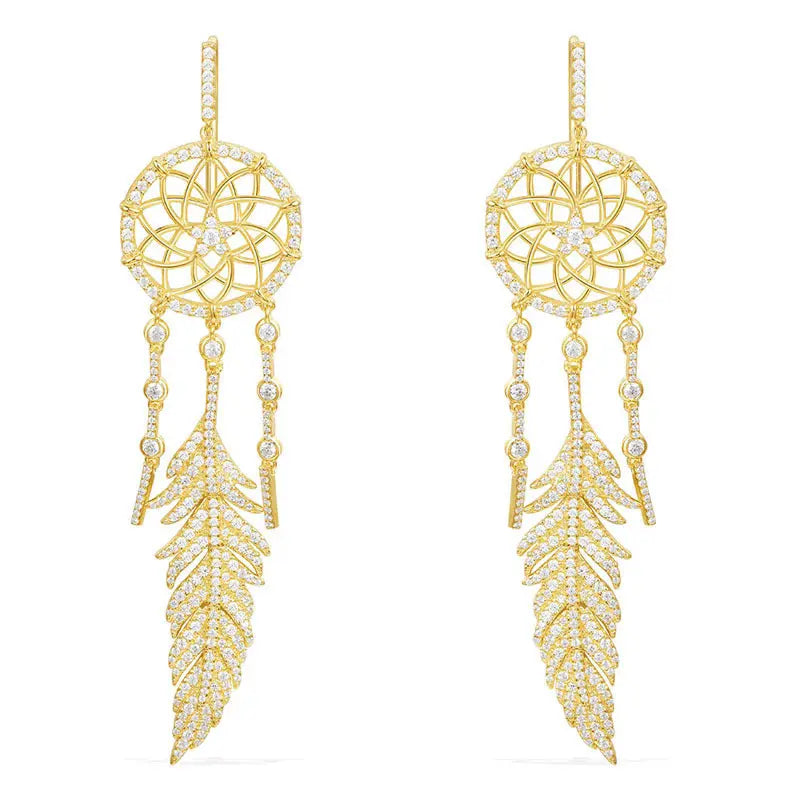 Lovcia Exquisite Sterling Silver Dreamcatcher Earrings with Micro-Set Crystal Diamonds-Earrings-Gold-Gold