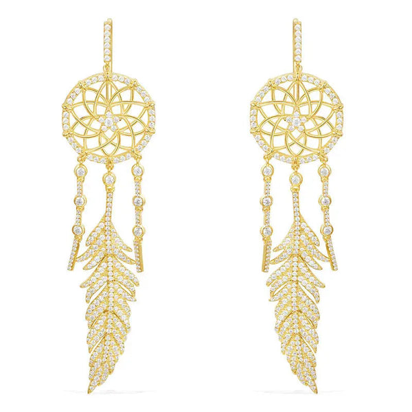 Lovcia Exquisite Sterling Silver Dreamcatcher Earrings with Micro-Set Crystal Diamonds-Earrings-Gold-Gold
