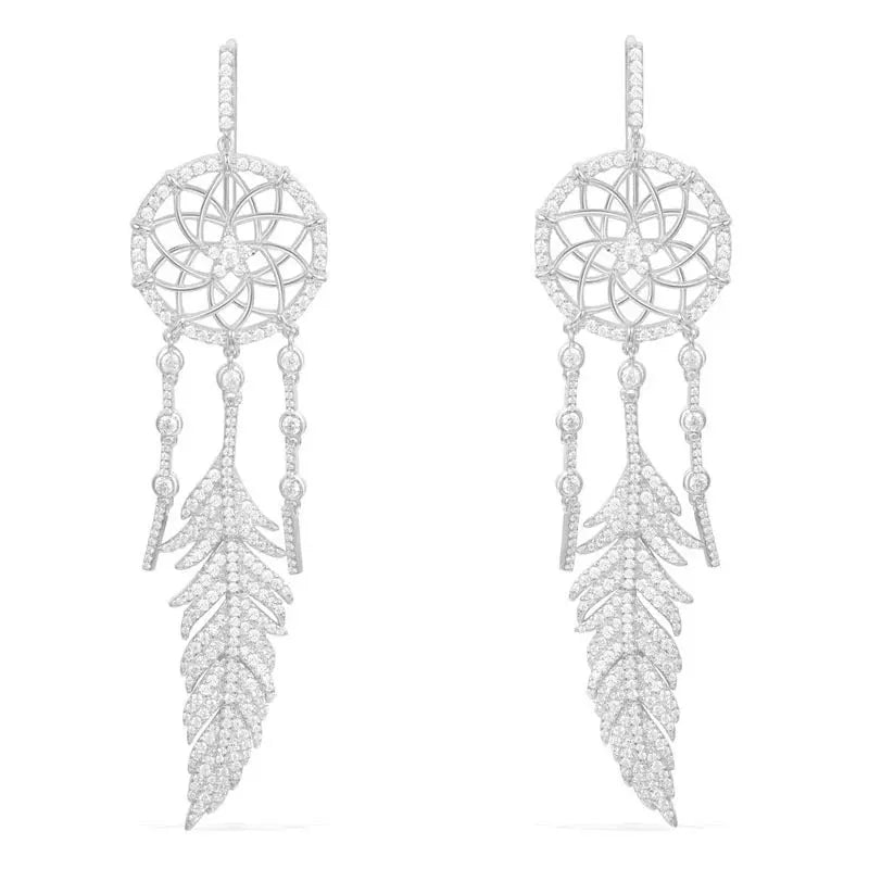Lovcia Exquisite Sterling Silver Dreamcatcher Earrings with Micro-Set Crystal Diamonds-Earrings-Silver-Silver