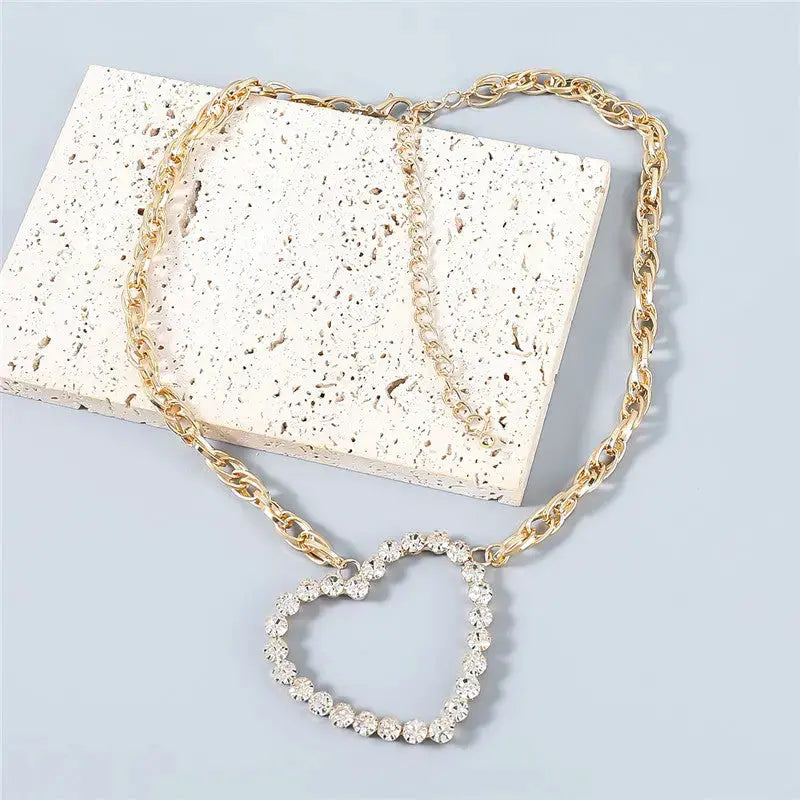 Lovcia Fashion Alloy Diamond Rhinestone Love Heart Pendant Hip Hop Necklace-Necklaces-Gold-Gold
