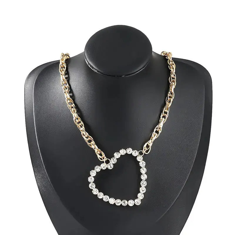 Lovcia Fashion Alloy Diamond Rhinestone Love Heart Pendant Hip Hop Necklace-Necklaces-Gold-Gold