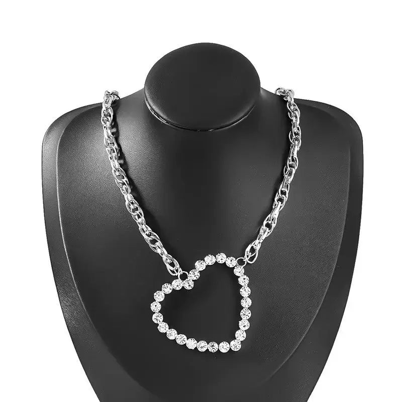 Lovcia Fashion Alloy Diamond Rhinestone Love Heart Pendant Hip Hop Necklace-Necklaces-Silver-Silver