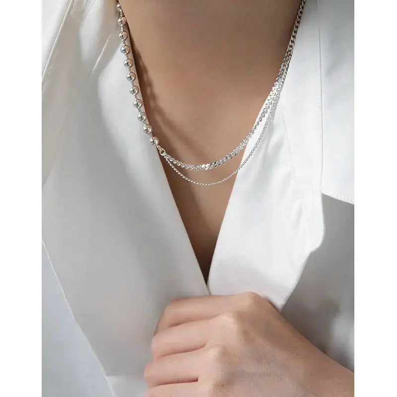 Lovcia Fashion Asymmetry Beads Chain 925 Sterling Silver Necklace-Necklaces-Rhodium-Rhodium
