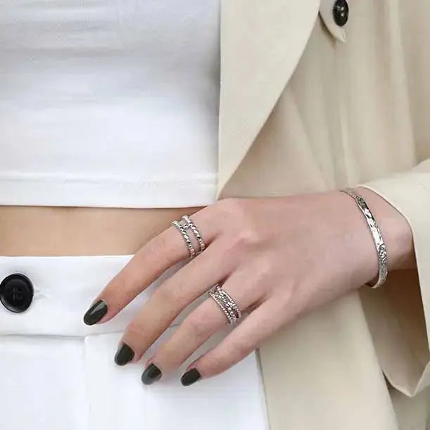 Lovcia Fashion Beads Doule Layer H 925 Sterling Silver Adjustable Ring-Rings-Silver-Silver