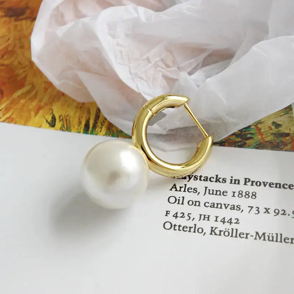 Lovcia Fashion Big Round Shell Pearl 925 Sterling Silver Hoop Earring(Single)-Earrings-Yellow Gold (Single)-Yellow Gold (Single)