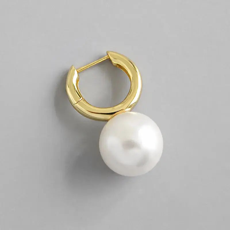 Lovcia Fashion Big Round Shell Pearl 925 Sterling Silver Hoop Earring(Single)-Earrings-Yellow Gold (Single)-Yellow Gold (Single)