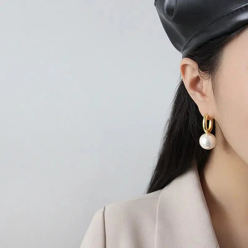Lovcia Fashion Big Round Shell Pearl 925 Sterling Silver Hoop Earring(Single)-Earrings-Yellow Gold (Single)-Yellow Gold (Single)