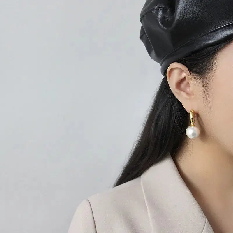 Lovcia Fashion Big Round Shell Pearl 925 Sterling Silver Hoop Earring(Single)-Earrings-Yellow Gold (Single)-Yellow Gold (Single)