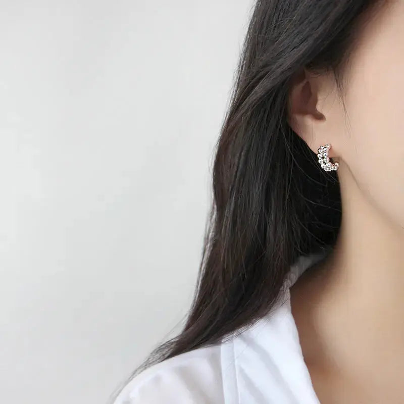 Lovcia Fashion Bubbles Beads C Shape 925 Sterling Silver Hoop Earrings-Earrings-Rhodium-Rhodium