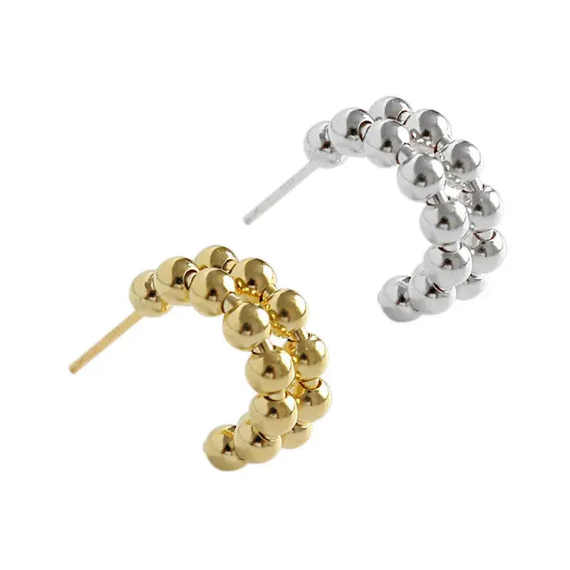 Lovcia Fashion Bubbles Beads C Shape 925 Sterling Silver Hoop Earrings-Earrings-Rhodium-Rhodium