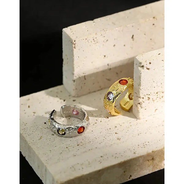 Lovcia Fashion Colorful Round CZ 925 Sterling Silver Adjustable Ring-Rings-Rhodium-Rhodium