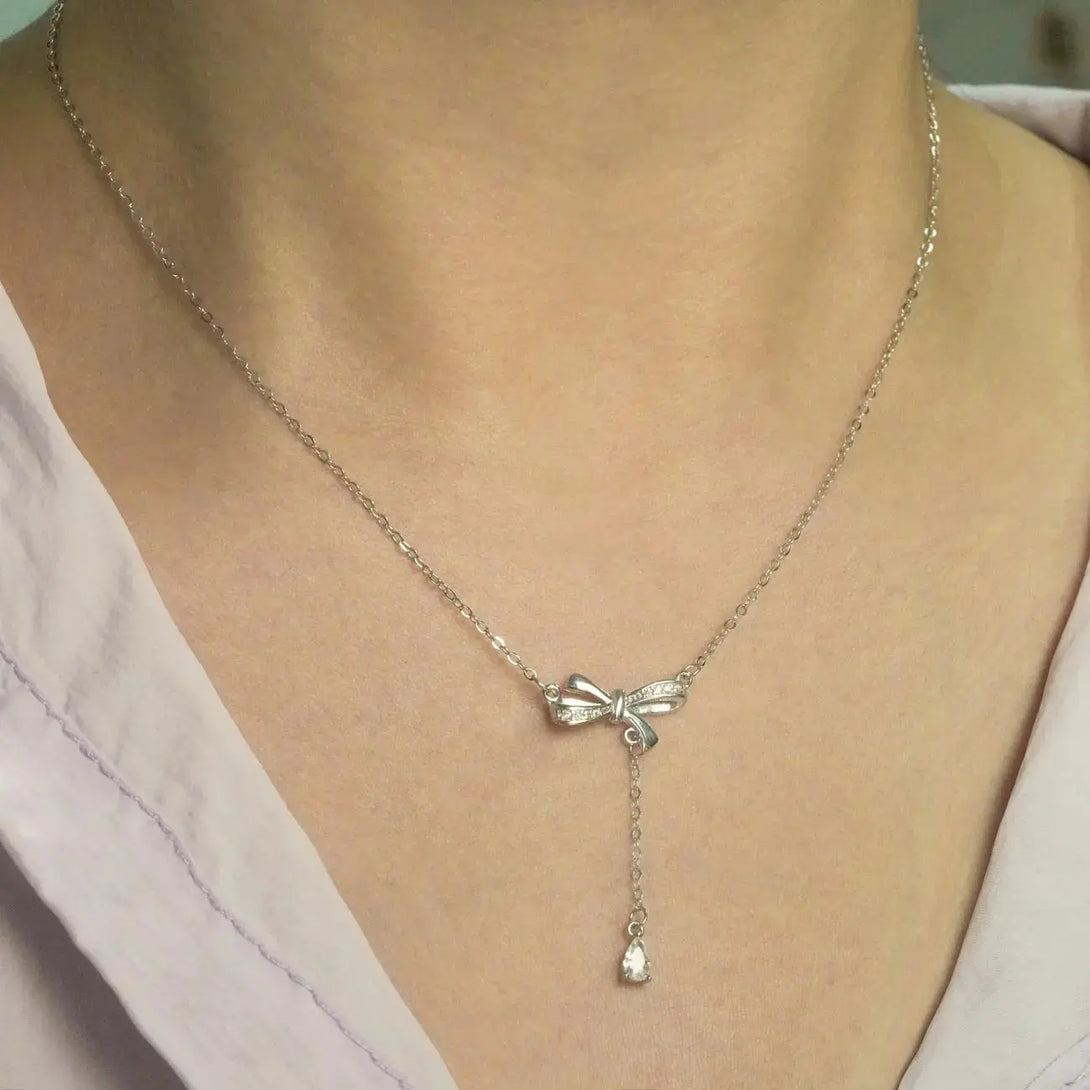 Lovcia Fashion CZ Bowknot 925 Sterling Silver Necklace-Necklaces-Silver-Silver