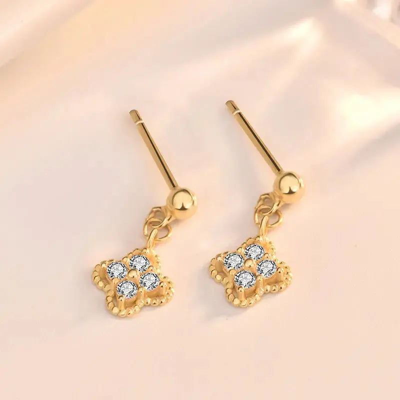 Lovcia Fashion CZ Four Leaves Clover Hot 925 Sterling Silver Dangling Earrings-Earrings-14K Yellow Gold-14K Yellow Gold