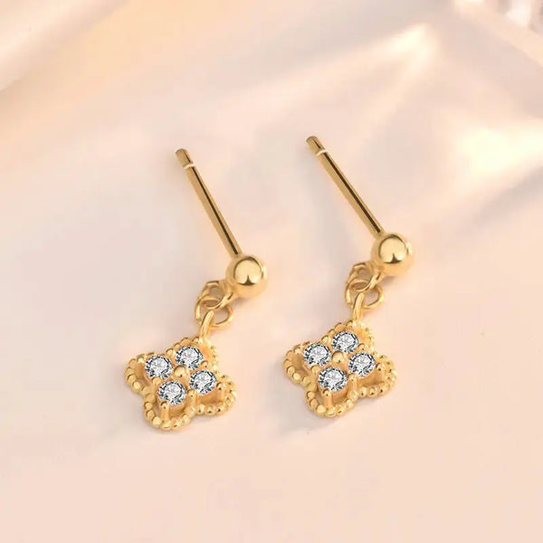 Lovcia Fashion CZ Four Leaves Clover Hot 925 Sterling Silver Dangling Earrings-Earrings-14K Yellow Gold-14K Yellow Gold