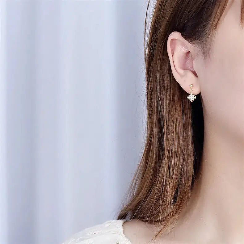 Lovcia Fashion CZ Four Leaves Clover Hot 925 Sterling Silver Dangling Earrings-Earrings-14K Yellow Gold-14K Yellow Gold
