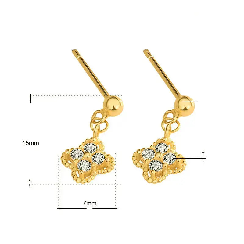Lovcia Fashion CZ Four Leaves Clover Hot 925 Sterling Silver Dangling Earrings-Earrings-14K Yellow Gold-14K Yellow Gold