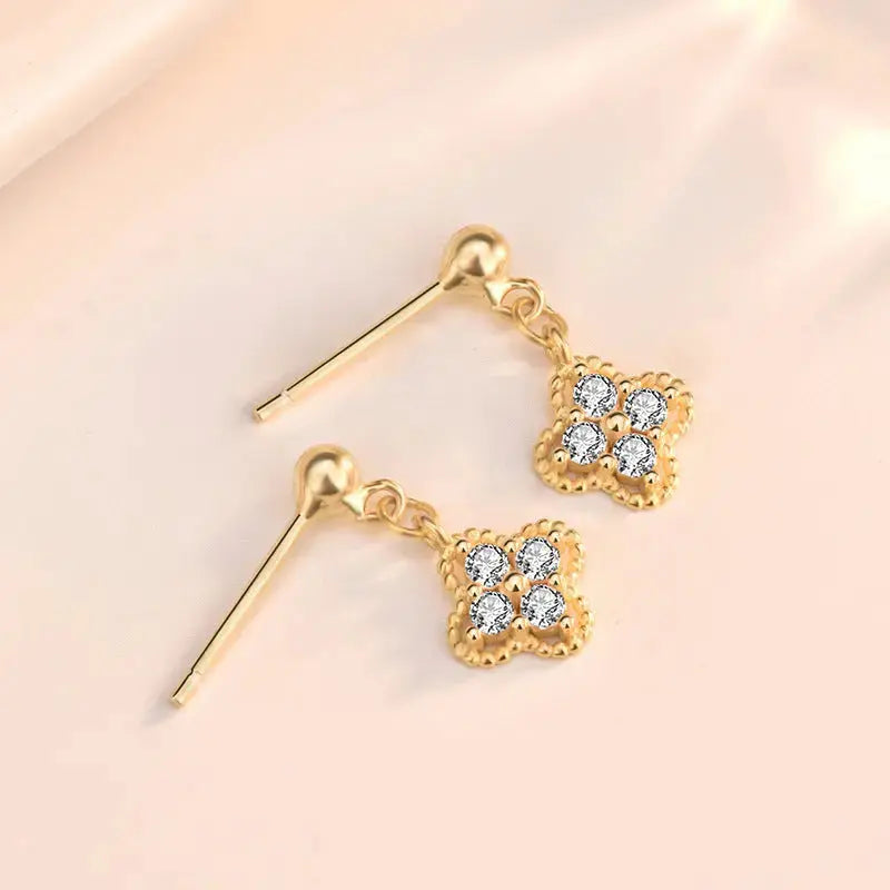 Lovcia Fashion CZ Four Leaves Clover Hot 925 Sterling Silver Dangling Earrings-Earrings-14K Yellow Gold-14K Yellow Gold