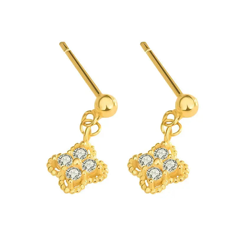 Lovcia Fashion CZ Four Leaves Clover Hot 925 Sterling Silver Dangling Earrings-Earrings-14K Yellow Gold-14K Yellow Gold