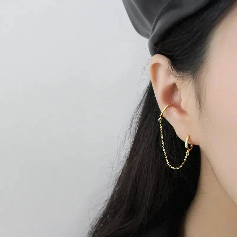Lovcia Fashion Double Holes Chain New 925 Sterling Silver Hoop Earring(Single)-Earrings-Silver (Single)-Silver (Single)