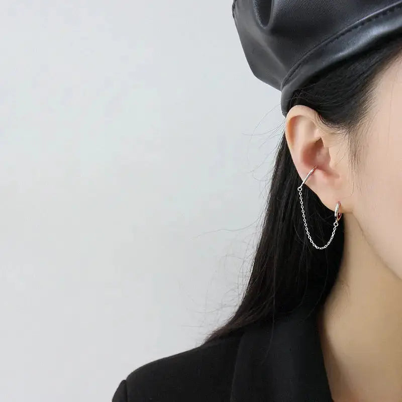 Lovcia Fashion Double Holes Chain New 925 Sterling Silver Hoop Earring(Single)-Earrings-Silver (Single)-Silver (Single)