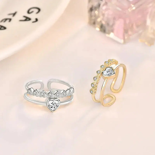 Lovcia Fashion Double Layer CZ Heart 925 Sterling Silver Adjustable Ring-Rings-Yellow Gold-Yellow Gold