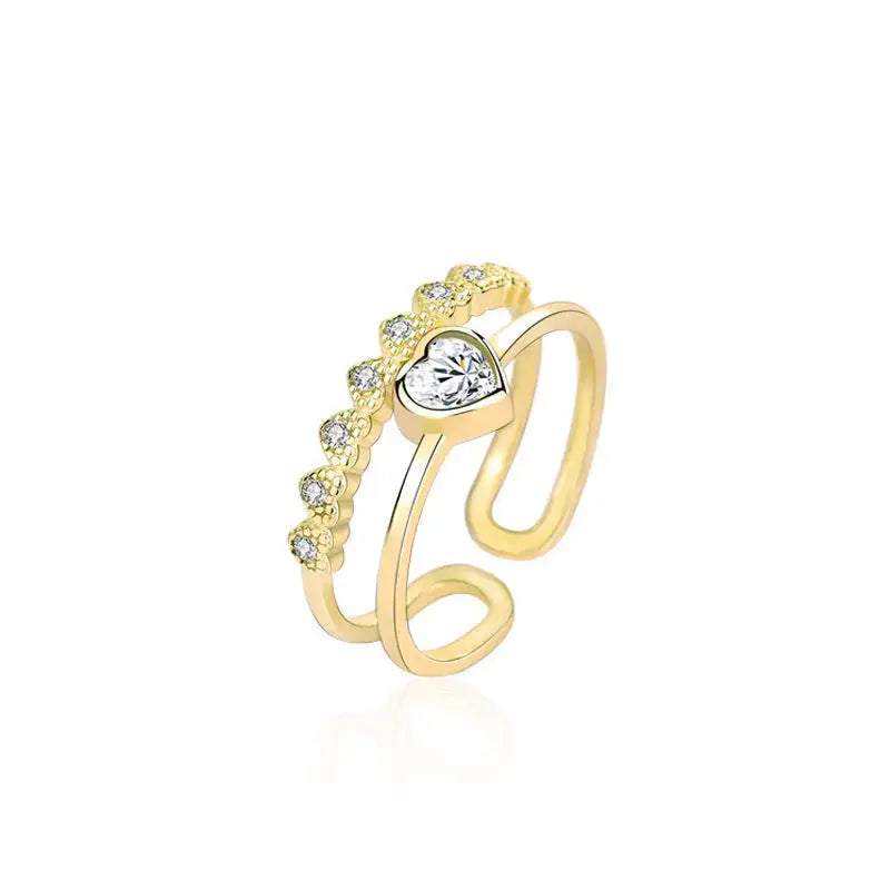 Lovcia Fashion Double Layer CZ Heart 925 Sterling Silver Adjustable Ring-Rings-Yellow Gold-Yellow Gold