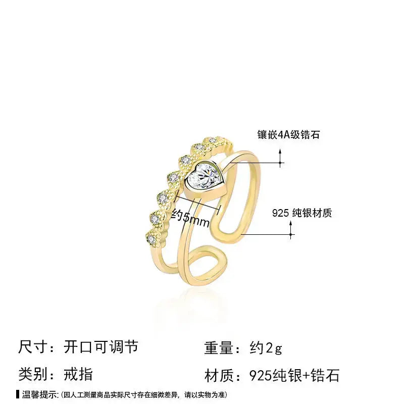 Lovcia Fashion Double Layer CZ Heart 925 Sterling Silver Adjustable Ring-Rings-Yellow Gold-Yellow Gold