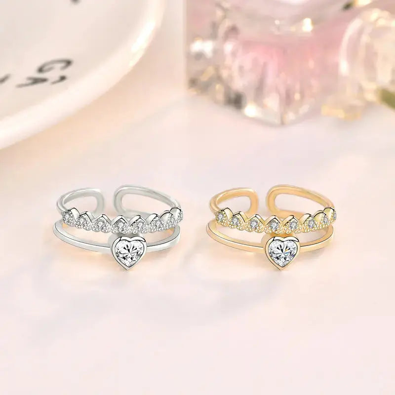 Lovcia Fashion Double Layer CZ Heart 925 Sterling Silver Adjustable Ring-Rings-Yellow Gold-Yellow Gold