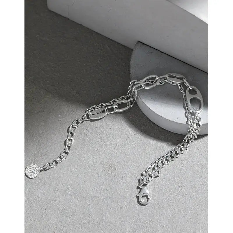 Lovcia Fashion Double Layers Pig Nose Curb Chain 925 Sterling Silver Bracelet-Bracelets-Silver-Silver