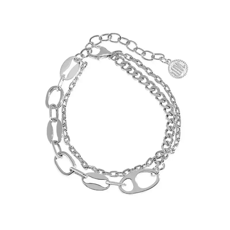 Lovcia Fashion Double Layers Pig Nose Curb Chain 925 Sterling Silver Bracelet-Bracelets-Silver-Silver