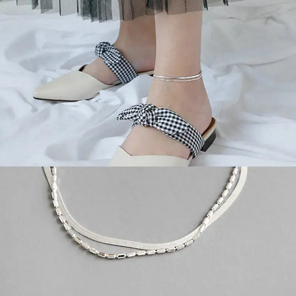 Lovcia Fashion Double Layers Tube Beads Herring Bone Chain 925 Sterling Silver Anklet-Bracelets-Rhodium-Rhodium