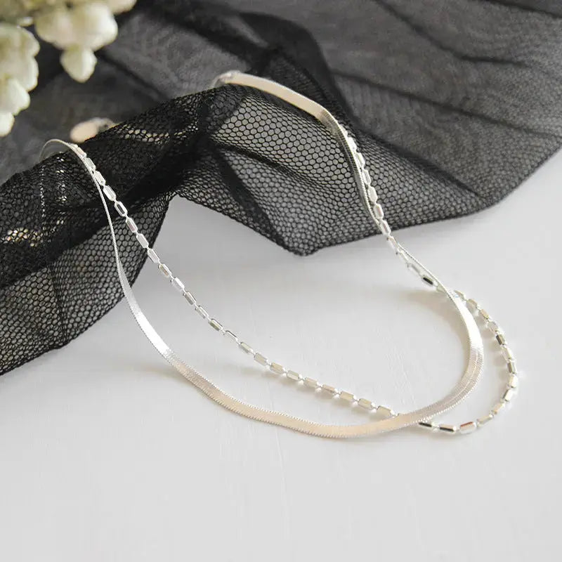 Lovcia Fashion Double Layers Tube Beads Herring Bone Chain 925 Sterling Silver Anklet-Bracelets-Rhodium-Rhodium
