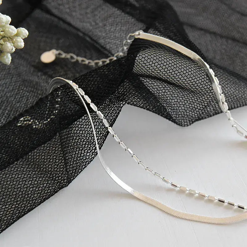 Lovcia Fashion Double Layers Tube Beads Herring Bone Chain 925 Sterling Silver Anklet-Bracelets-Rhodium-Rhodium
