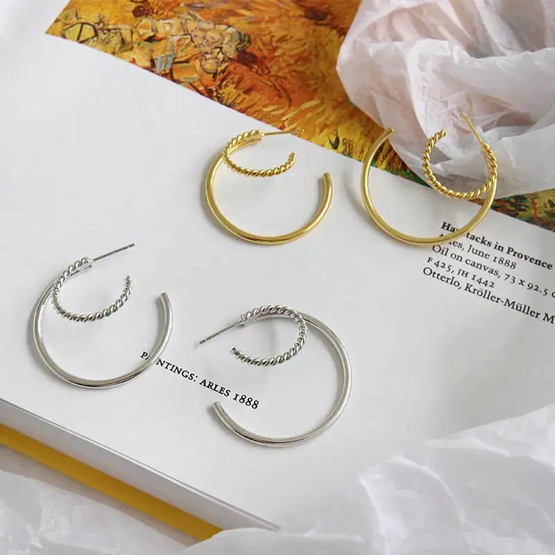 Lovcia Fashion Double Layers Twisted 925 Sterling Silver Hoop Earrings-Earrings-Rhodium-Rhodium