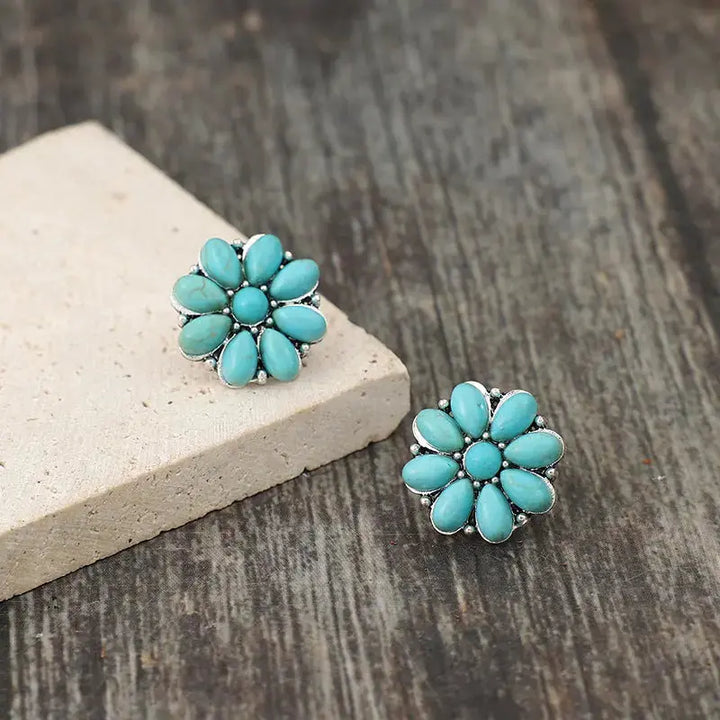 LOVCIA Turquoise Blossom Alloy Stud Earrings for Women