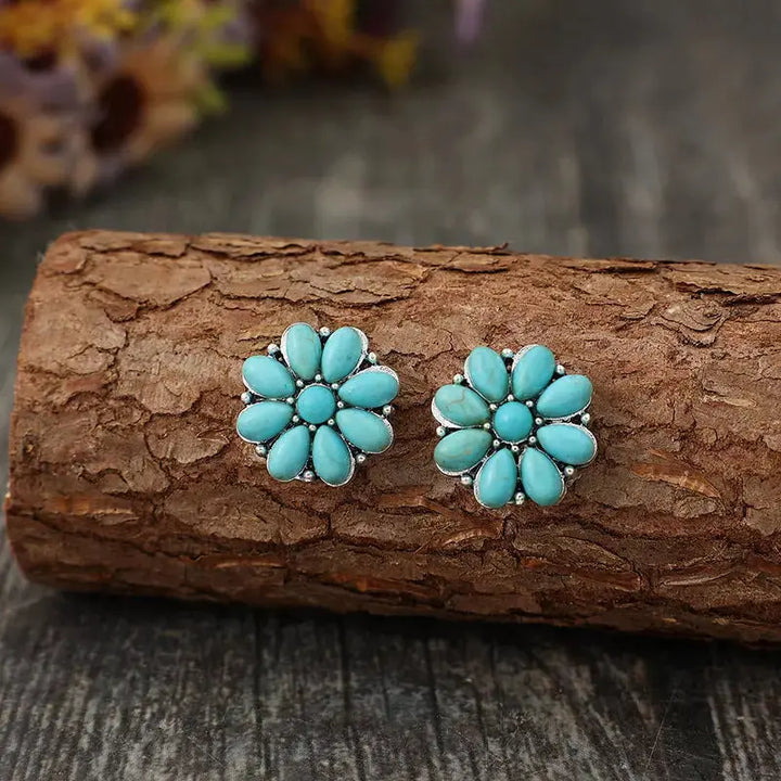 LOVCIA Turquoise Blossom Alloy Stud Earrings for Women