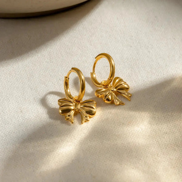 LOVCIA Golden Elegance Bow Earrings – 18K Gold-Plated for Women