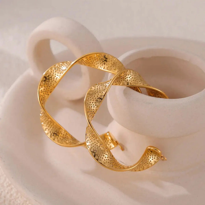 LOVCIA Golden Twisted Titanium Hoop Earrings for Women