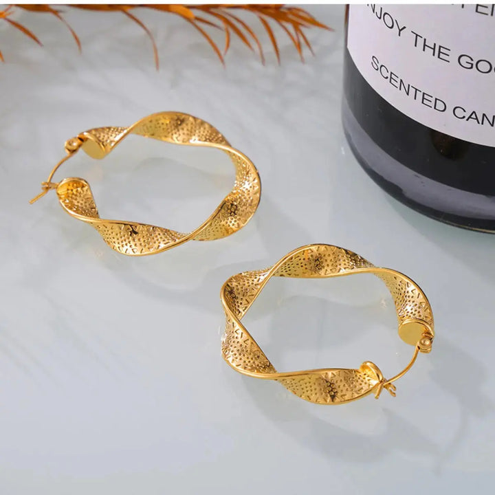 LOVCIA Golden Twisted Titanium Hoop Earrings for Women