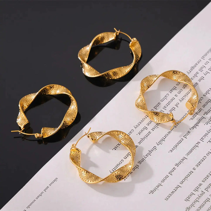 LOVCIA Golden Twisted Titanium Hoop Earrings for Women