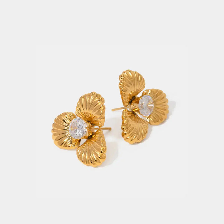 LOVCIA Elegant 18K Gold-Plated Stainless Steel Zircon Flower Earrings for Women