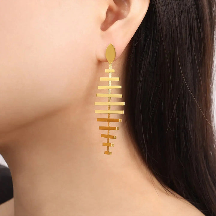 LOVCIA Golden Fishbone Titanium Earrings for Women