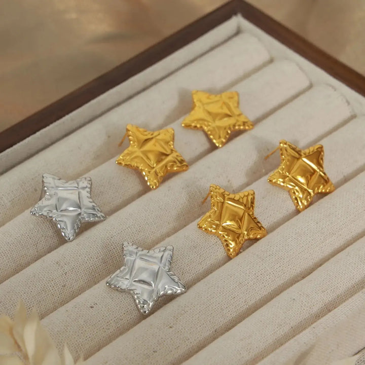 LOVCIA Elegant Titanium Steel Star Studs in 18K Gold and Silver Finish for Women