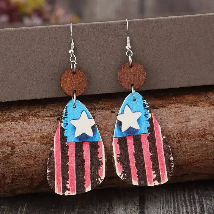 LOVCIA Patriotic Wooden Dangle Earrings with Stars & Stripes for Women