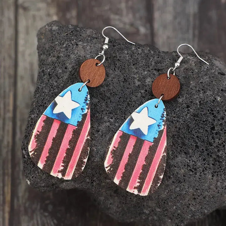 LOVCIA Patriotic Wooden Dangle Earrings with Stars & Stripes for Women