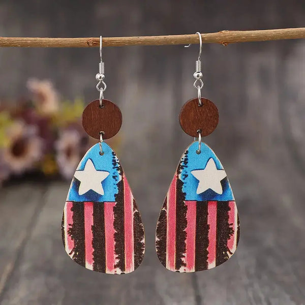 LOVCIA Patriotic Wooden Dangle Earrings with Stars & Stripes for Women