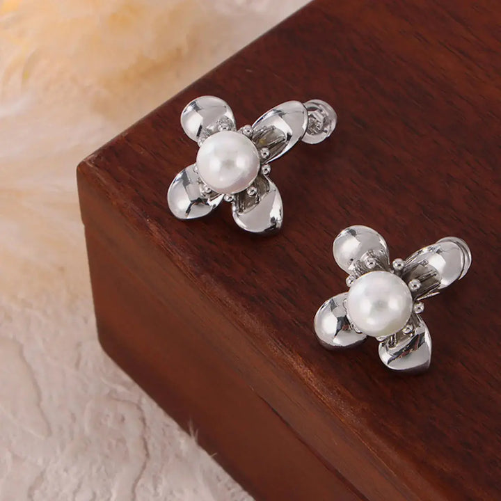 LOVCIA Elegant Flower Earrings with Synthetic Pearl and Titanium Steel for Women