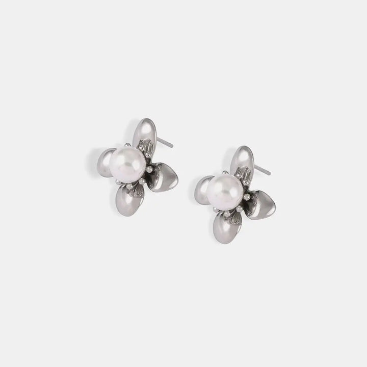 LOVCIA Elegant Flower Earrings with Synthetic Pearl and Titanium Steel for Women