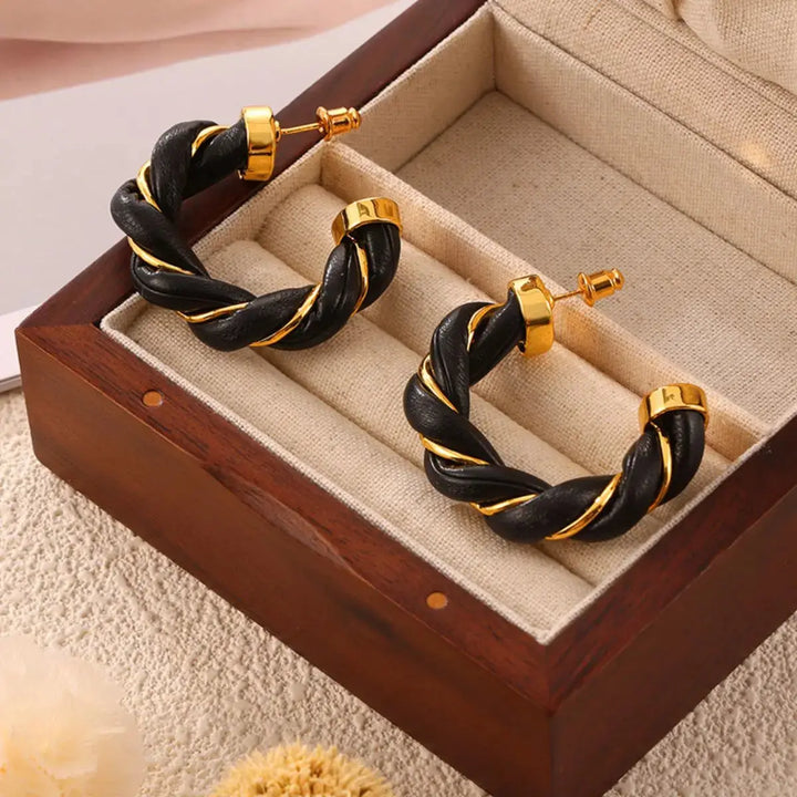 LOVCIA Braided Leather Gold-Plated C-Hoop Earrings for Women