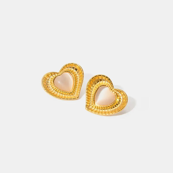 LOVCIA Heart-Shaped Cat's Eye Stone Earrings with 18K Gold Plating for Women